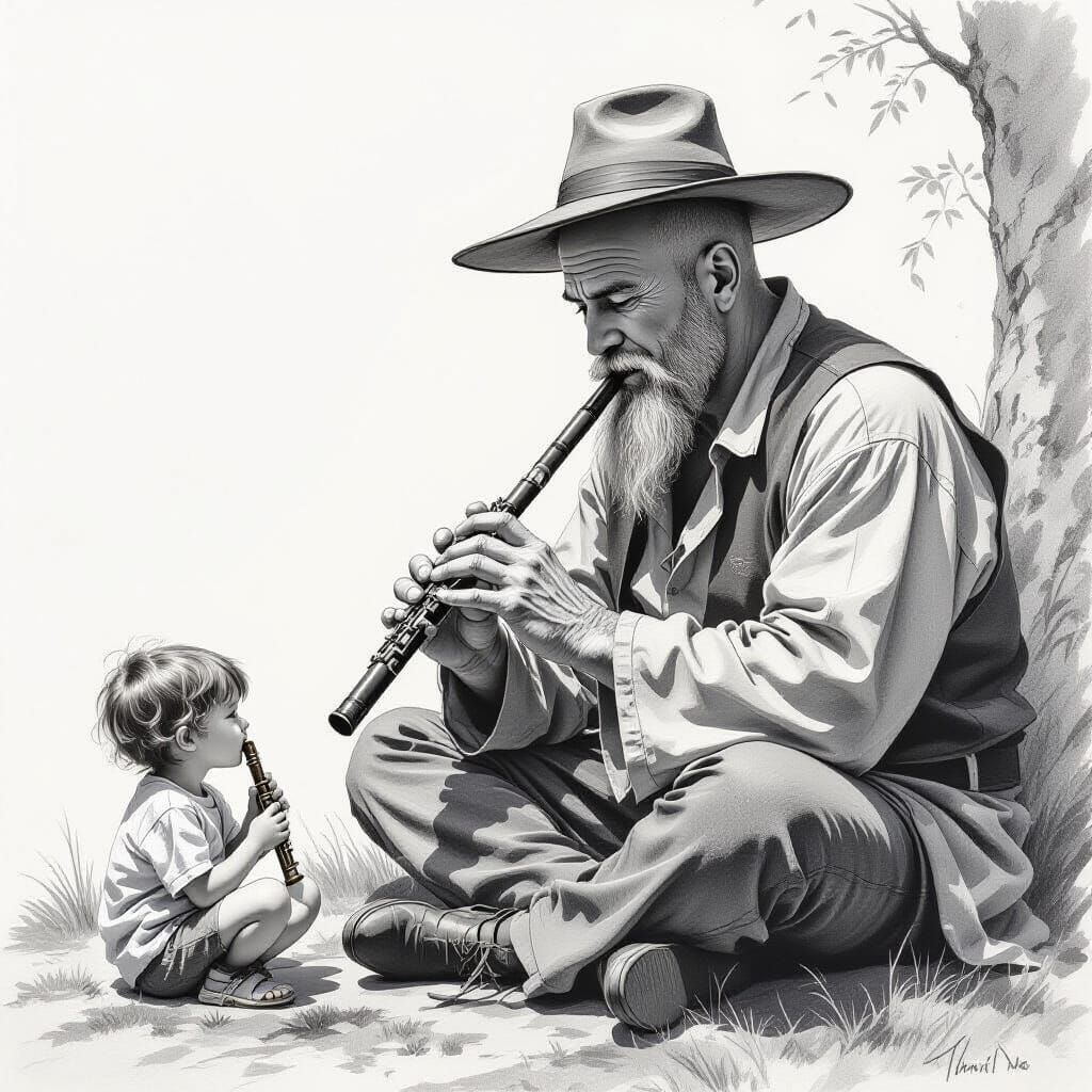 Giant and Child Playing Flutes: Realistic Pencil Sketch