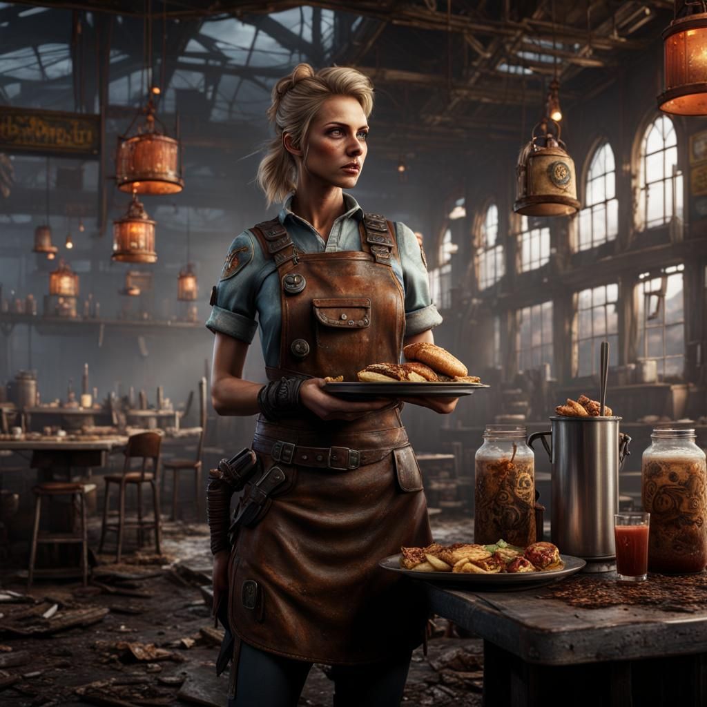 Post-Apocalyptic Waitress in Detailed Matte Painting Style