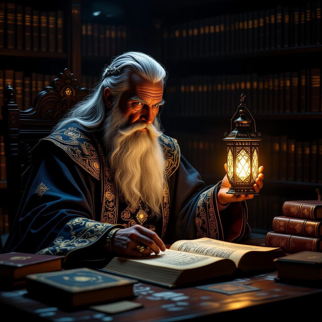 Ancient Scholar in Library with Arcane Symbols