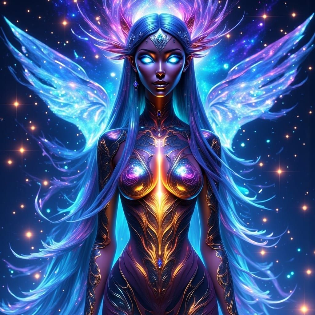 Ethereal Otherworldly Hybrid in Vibrant Iridescent Robes