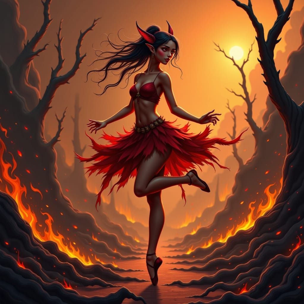 Fiery Sprite Ballerina in Charred Landscape