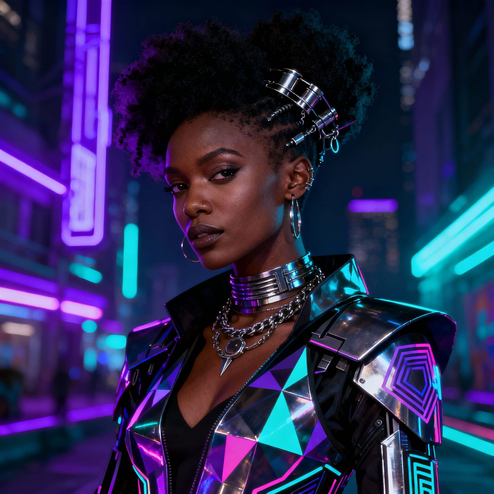 Afrofuturist Woman in Neon Cityscape