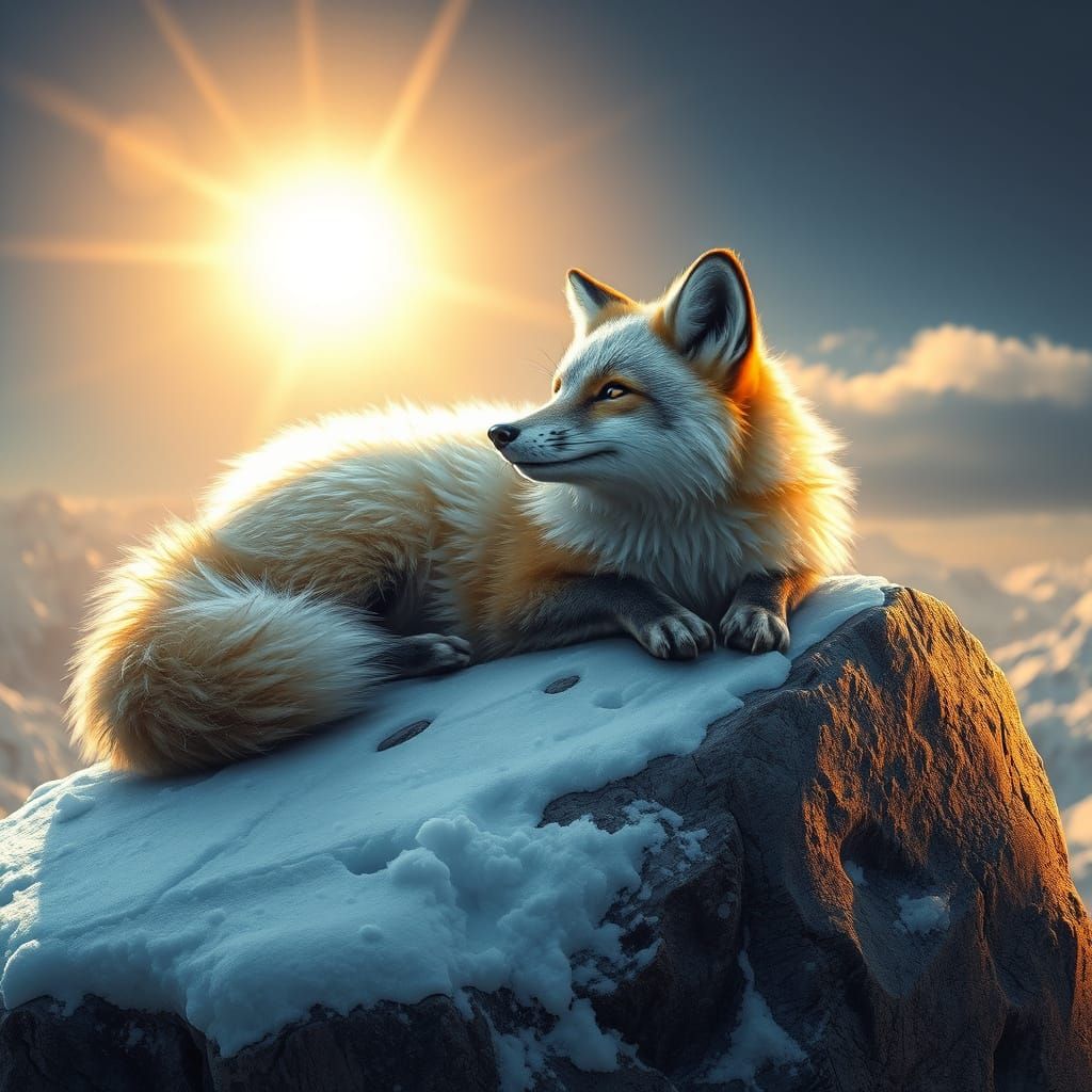 Snow Fox Basking in Sunlight: A Matte Painting