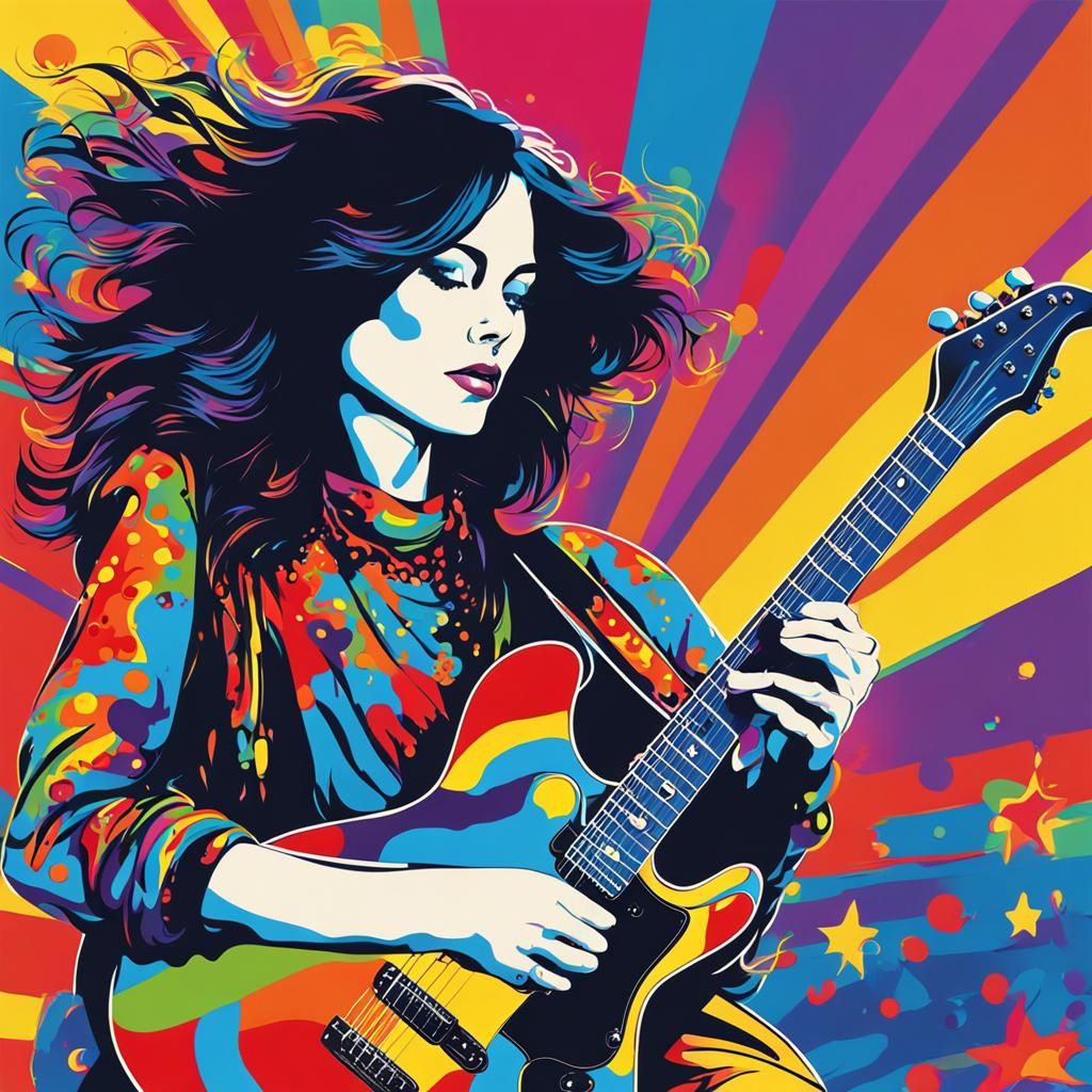 A vivid pop art image of a female rock guitarist in the psychedelic style of Peter Max. vibrant colors