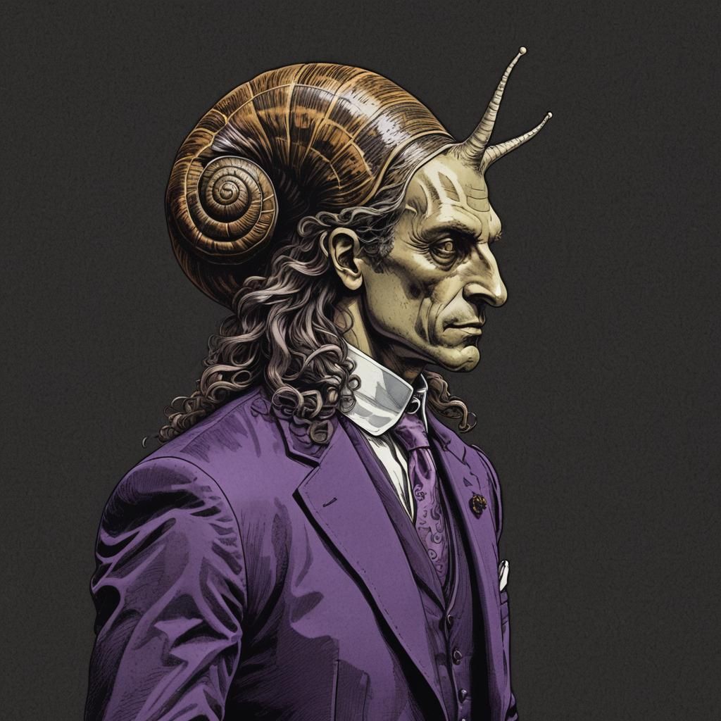 Anthropomorphic Snail Man in Violet Suit, Engraving Style Dr...