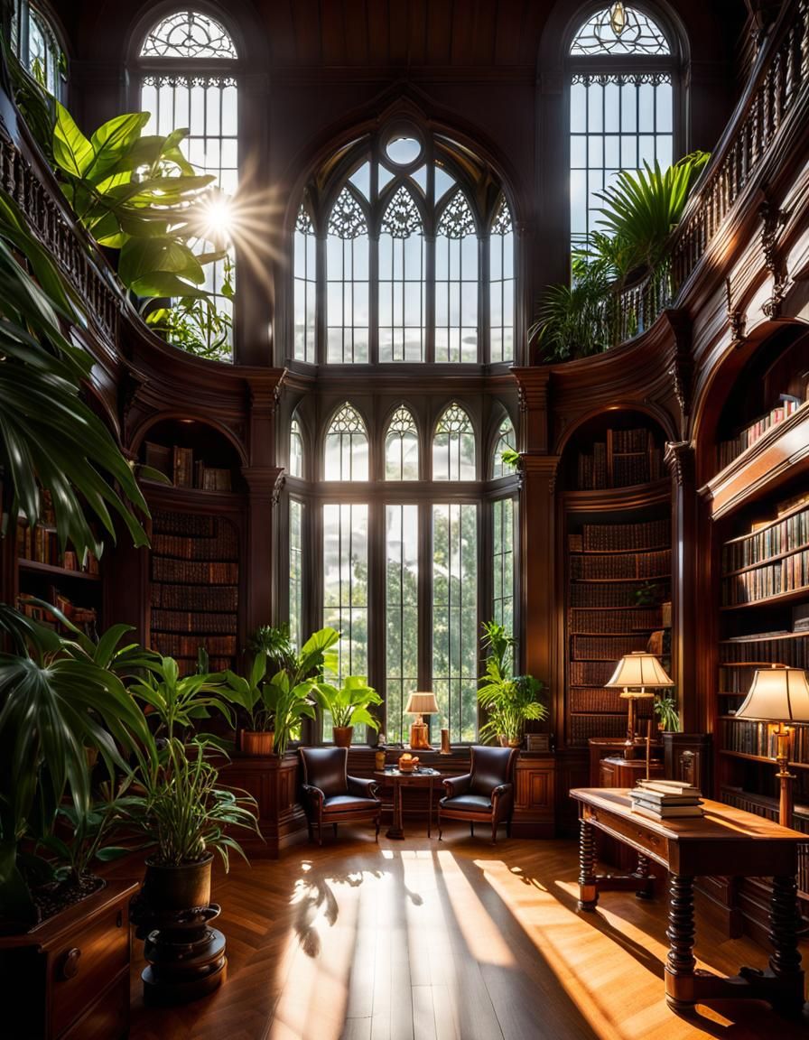 Moody Victorian Library with Tropical Plants and Sunlight