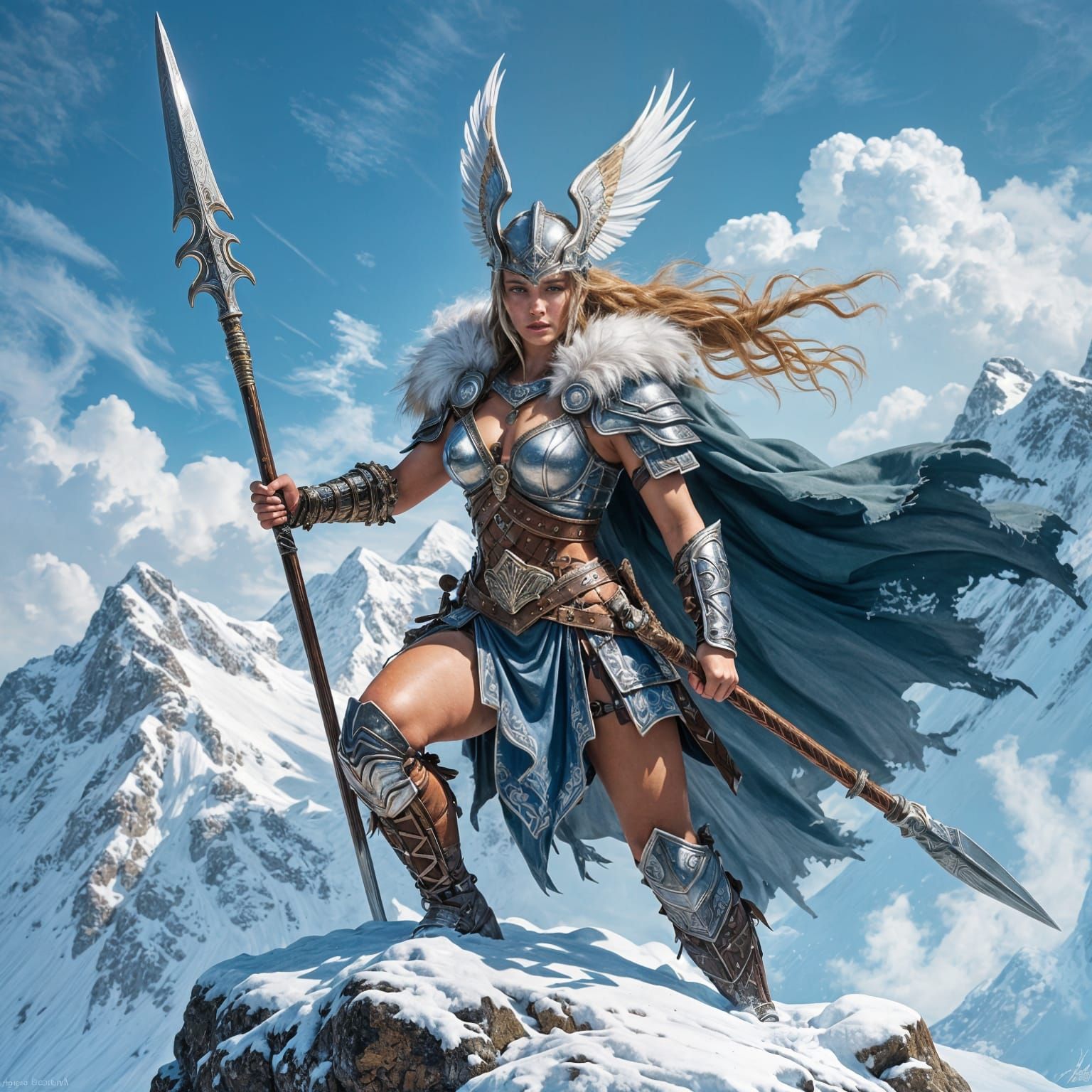 Valkyrie Warrior on Snowy Peak in Fantasy Art Style