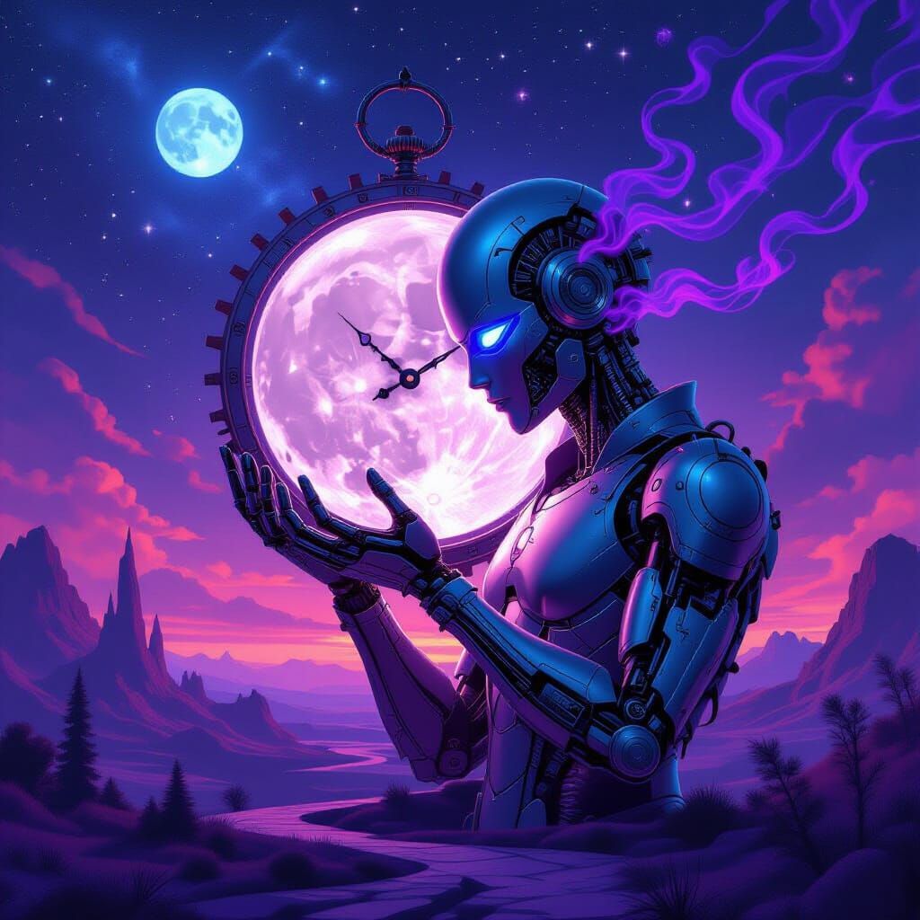 Cosmic Clockwork Landscape with Ethereal Wisps