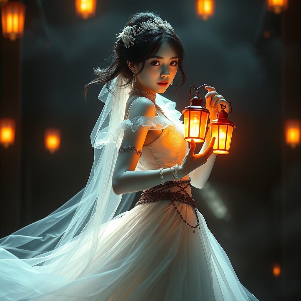 Ghostly Bride Elegance in Neon-Lit Etherscape