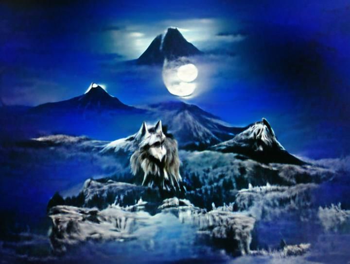 Lone Wolf Howling at Moonlit Mountain