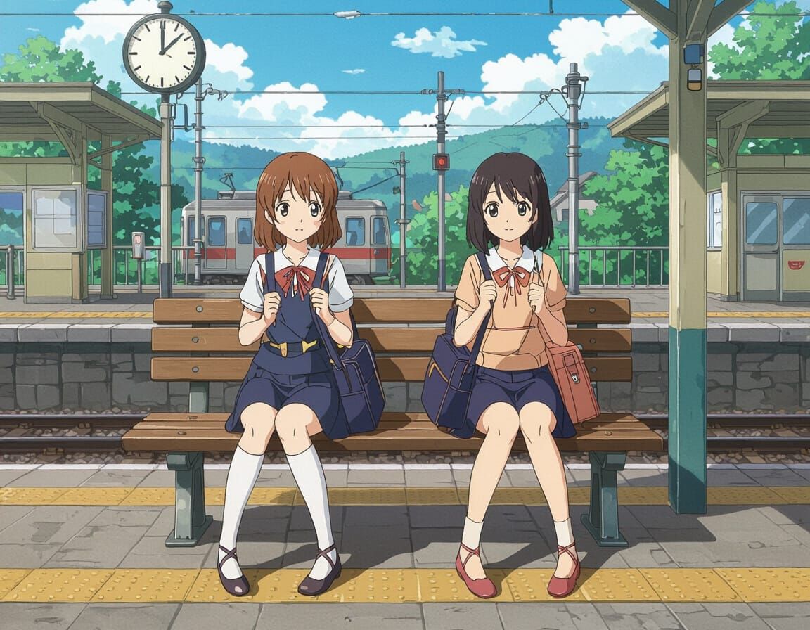 Girls Awaiting Train in Morning Light Illustration