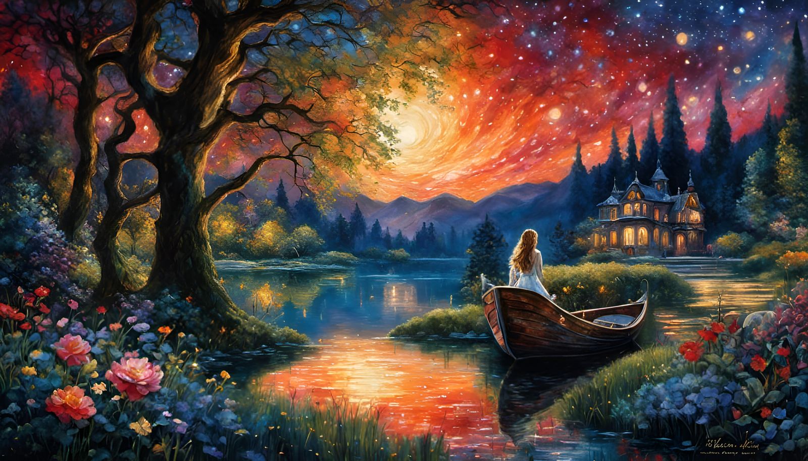 Fantastical Starry Night Wonderland with Woman in Boat