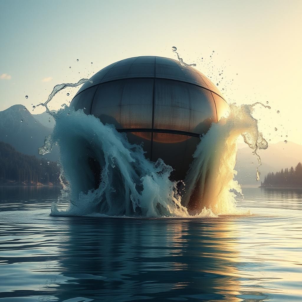 Metallic Sphere Erupts from Lake in Dreamy Style