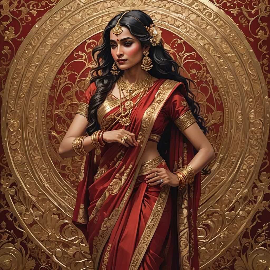 Sensual Indian Woman in Saree: Digital Art Portrait