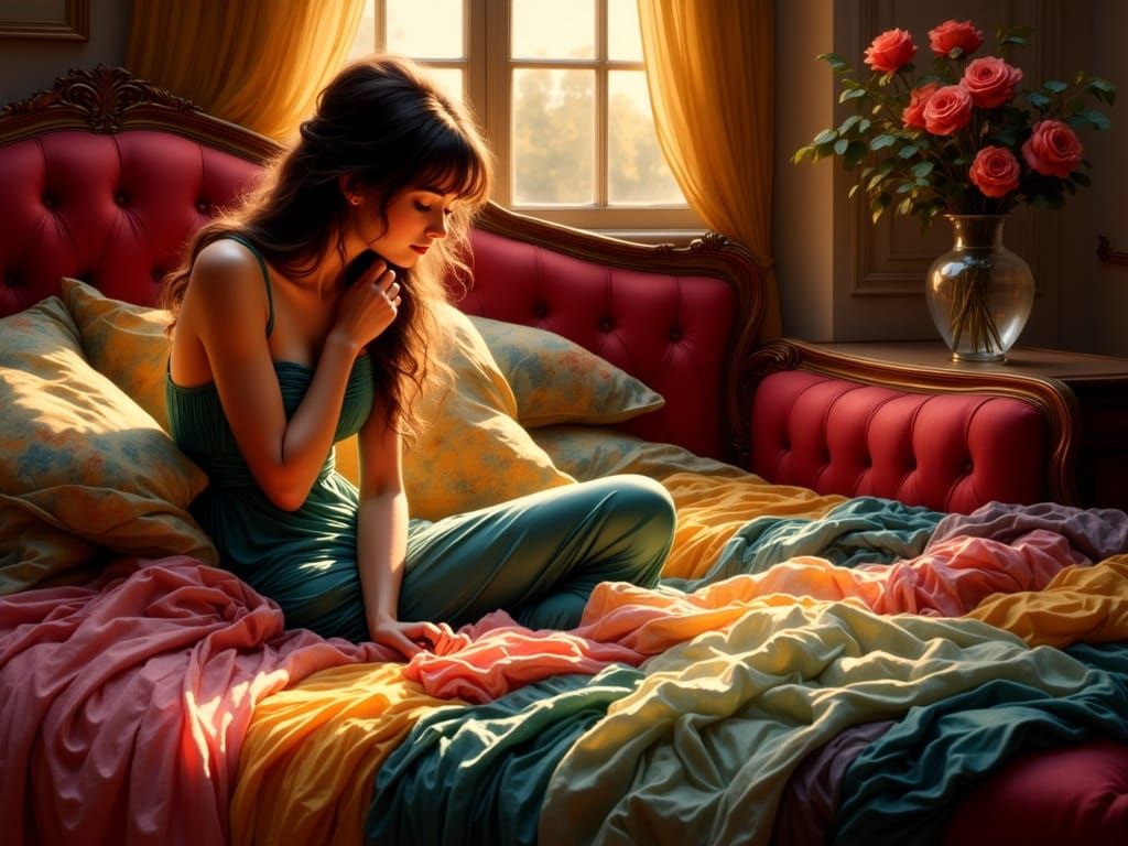 Victorian Fashion Choice: Woman Pondering Outfit on Velvet B...