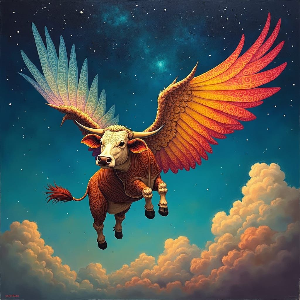 Flying Cow in Starry Night Sky: Abstract Expressionism