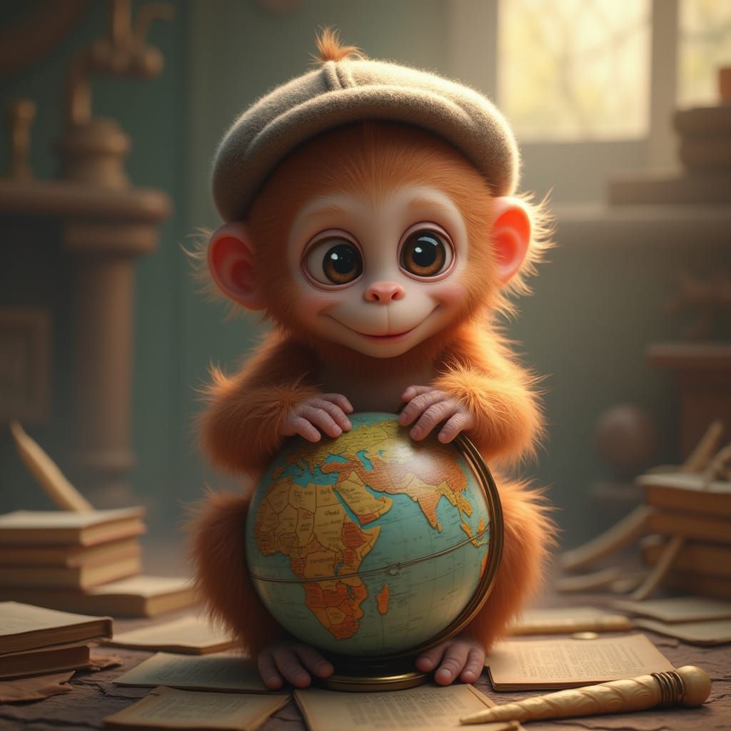 Orangutan with Beret on Globe, Fantasy Art