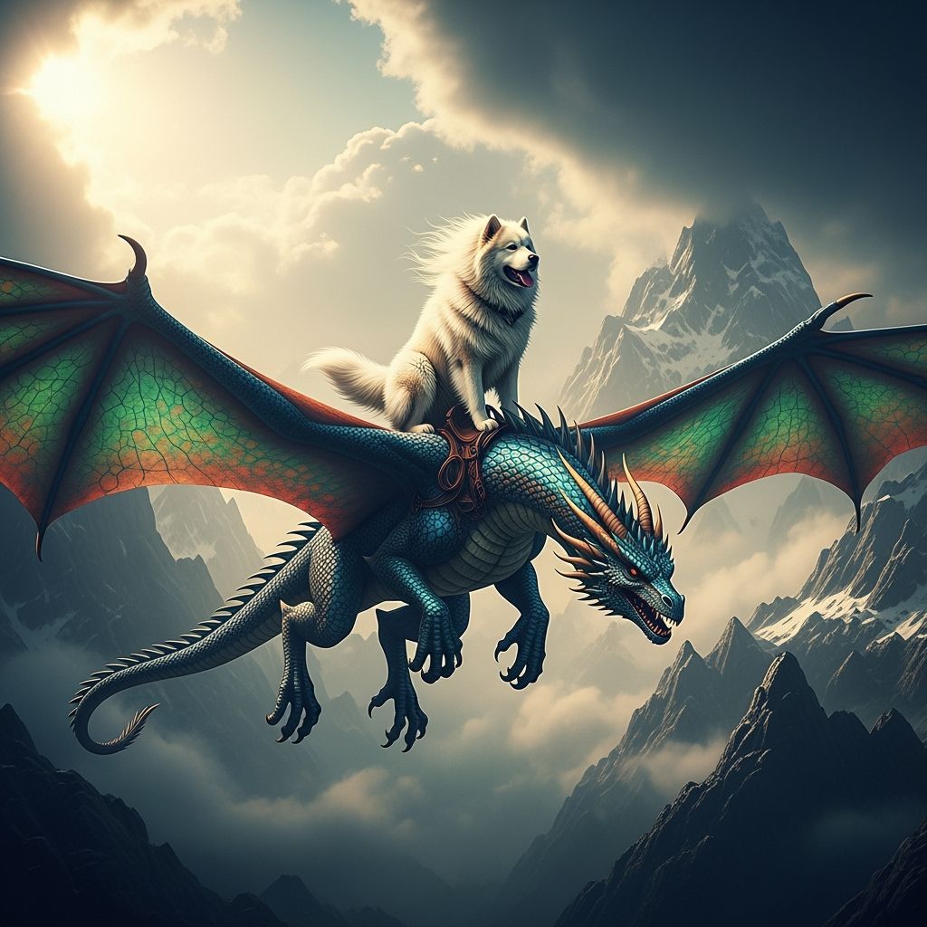 Dog Rides Dragon Through Towering Mountain Peaks