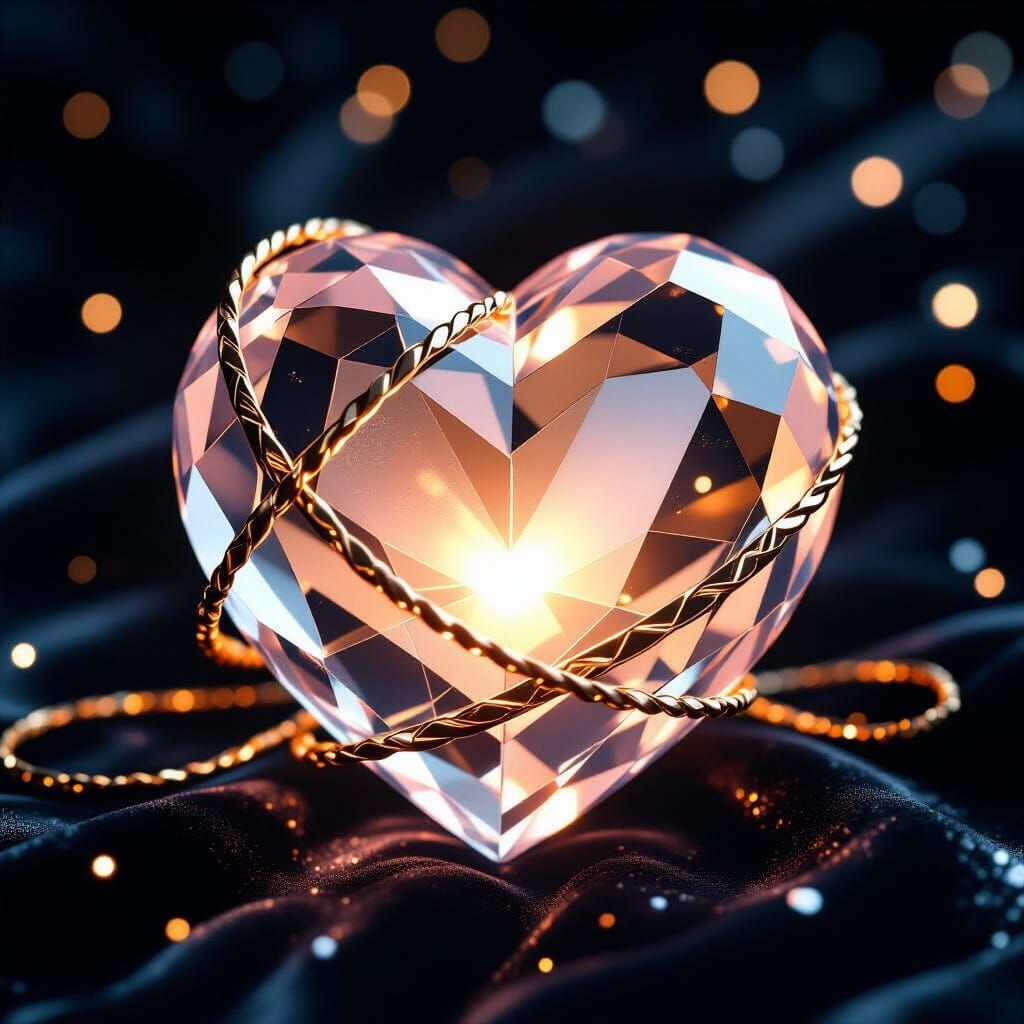Glowing Crystalline Heart in 3D with Metallic Reflections