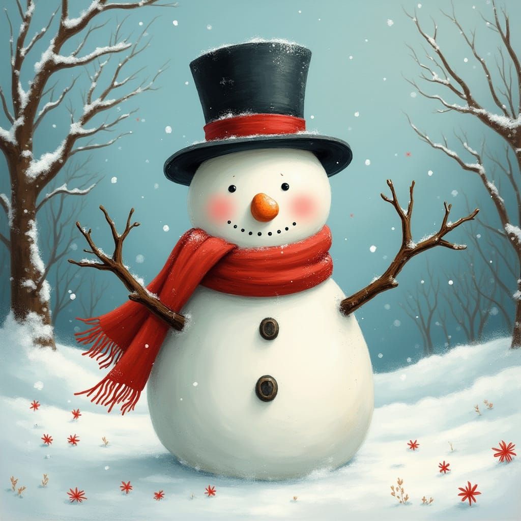 Whimsical Snowman in Winter Landscape