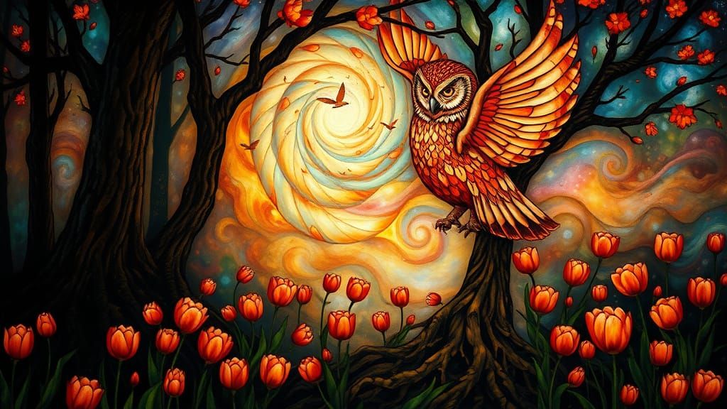 Owl Goddess in Blossoms: Dreamlike Forest Art