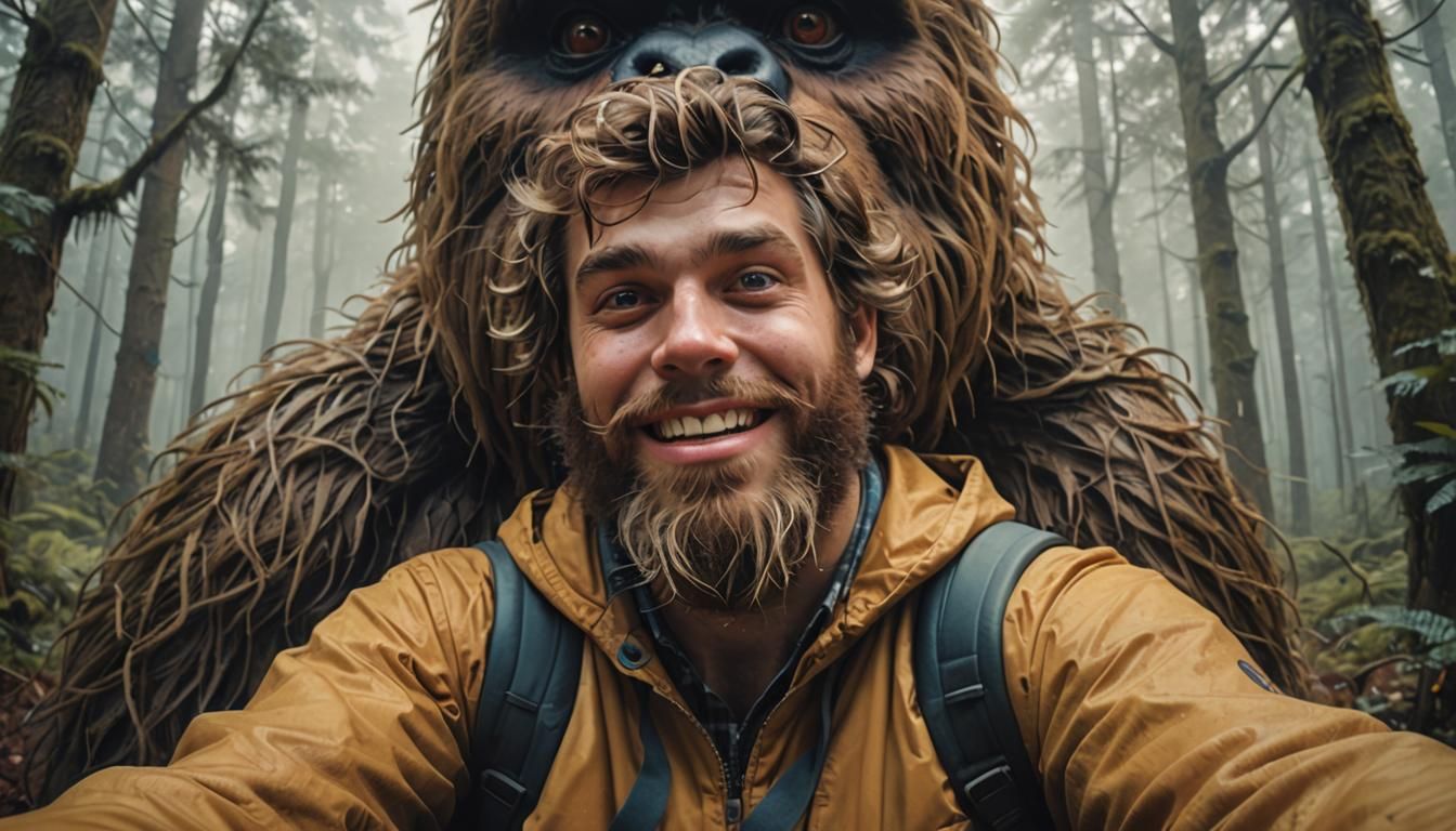 Bigfoot Selfie in Misty Forest: Surreal Photorealism