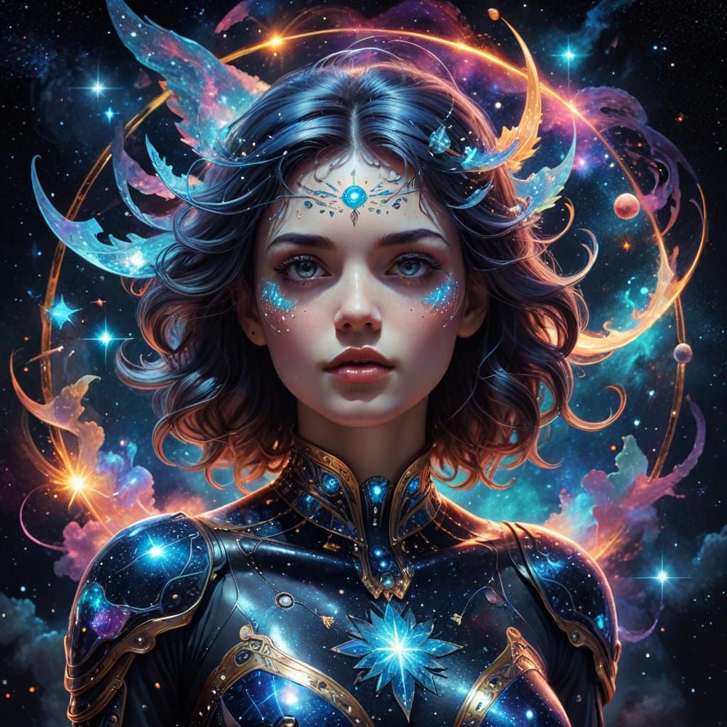 Cosmic Goddess of the Stars in Vibrant Holographic Style