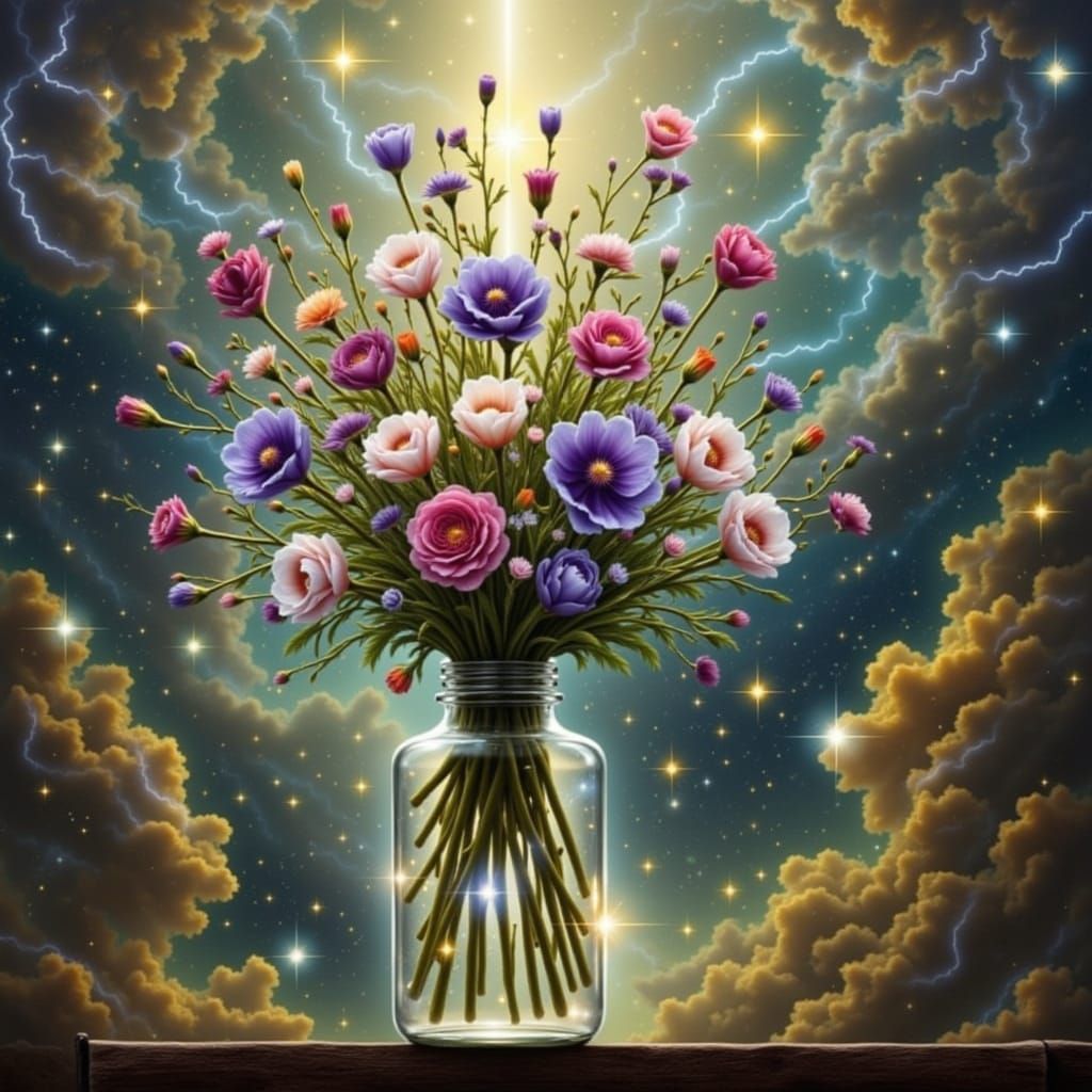 Cosmic Flower Jar with Starlight and Lightning