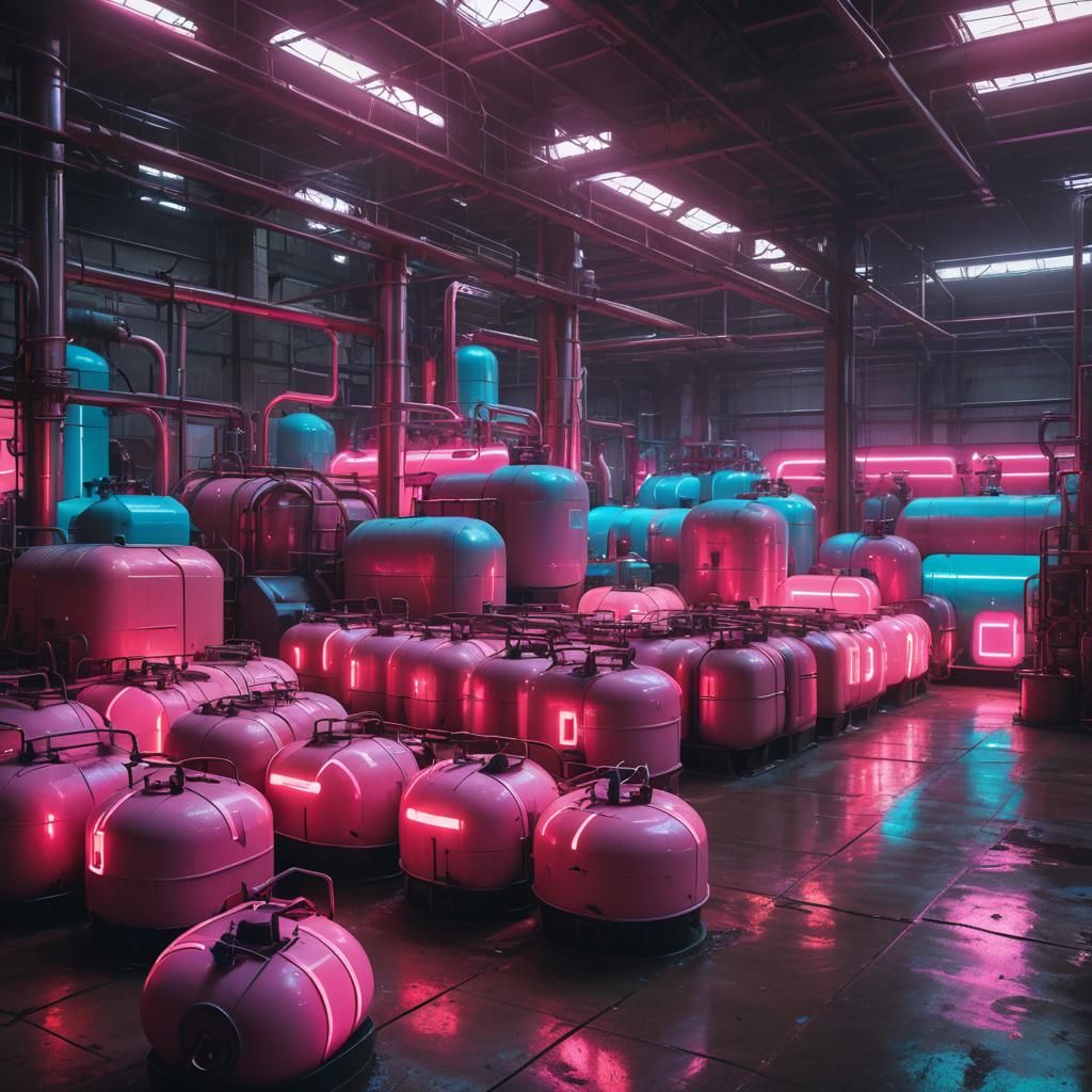 Neon-Lit Propane Tanks in Retro Warehouse
