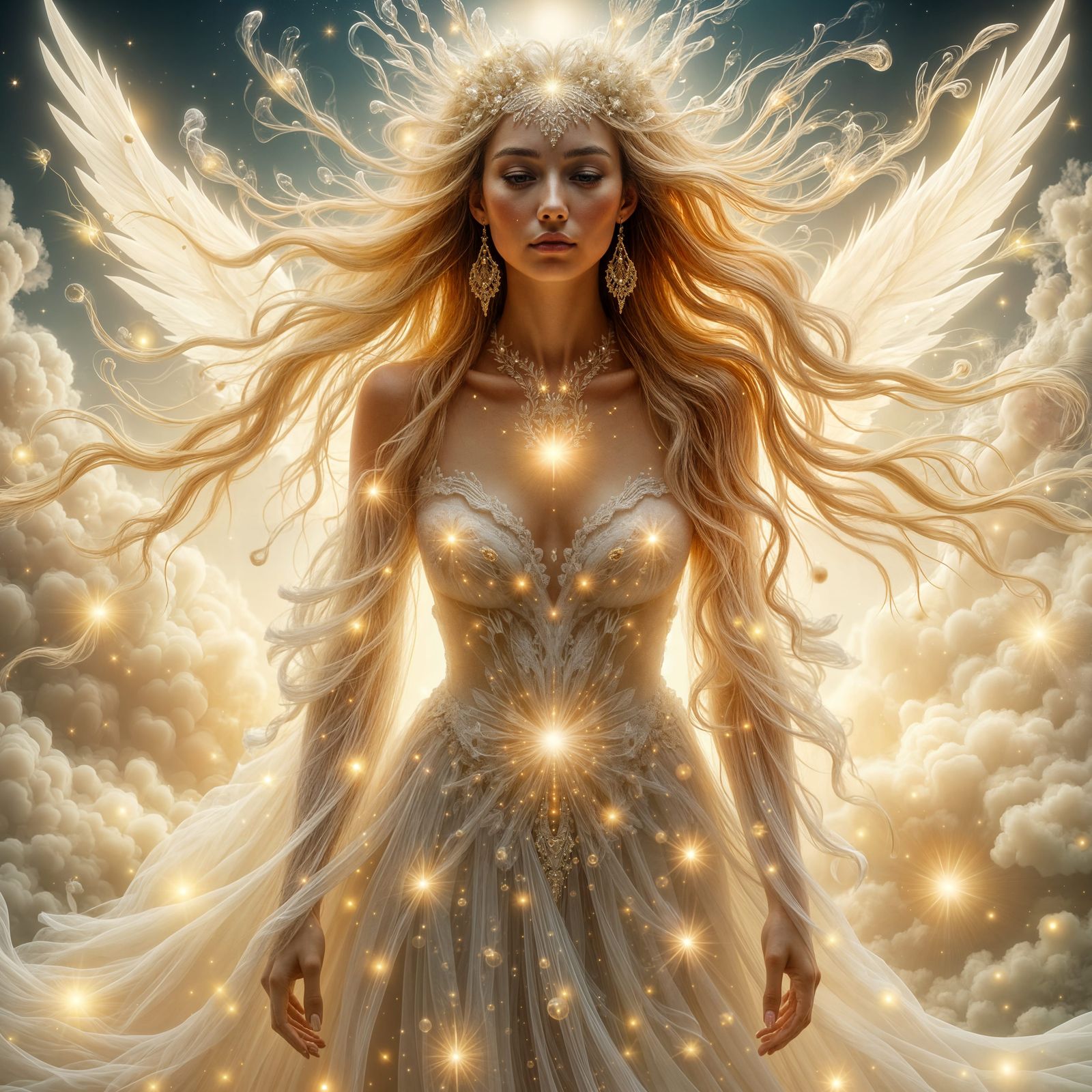 Radiant Angel Woman with Golden Hair and Celestial Glow