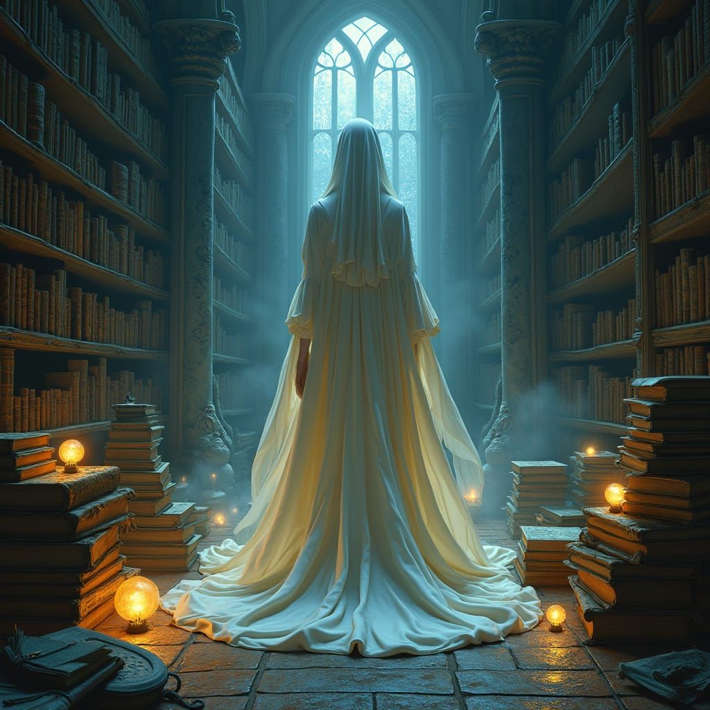 Ghostly Woman in Ancient Library, Fantasy Concept Art