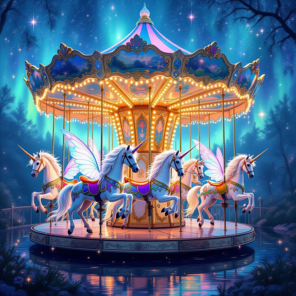 Whimsical Unicorn Carousel with Fairies in Fantasy Art Style