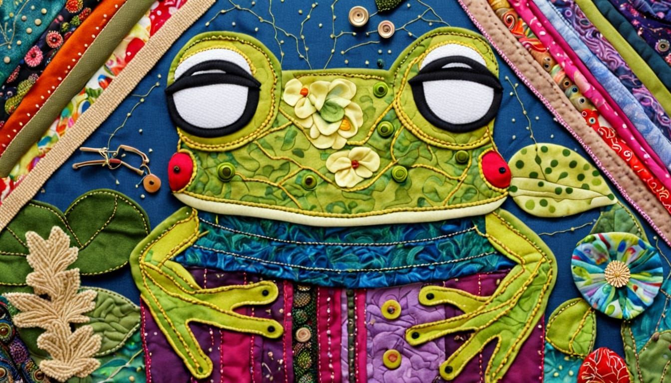 Fabric Frog Portrait in Intricate Mixed Media Art