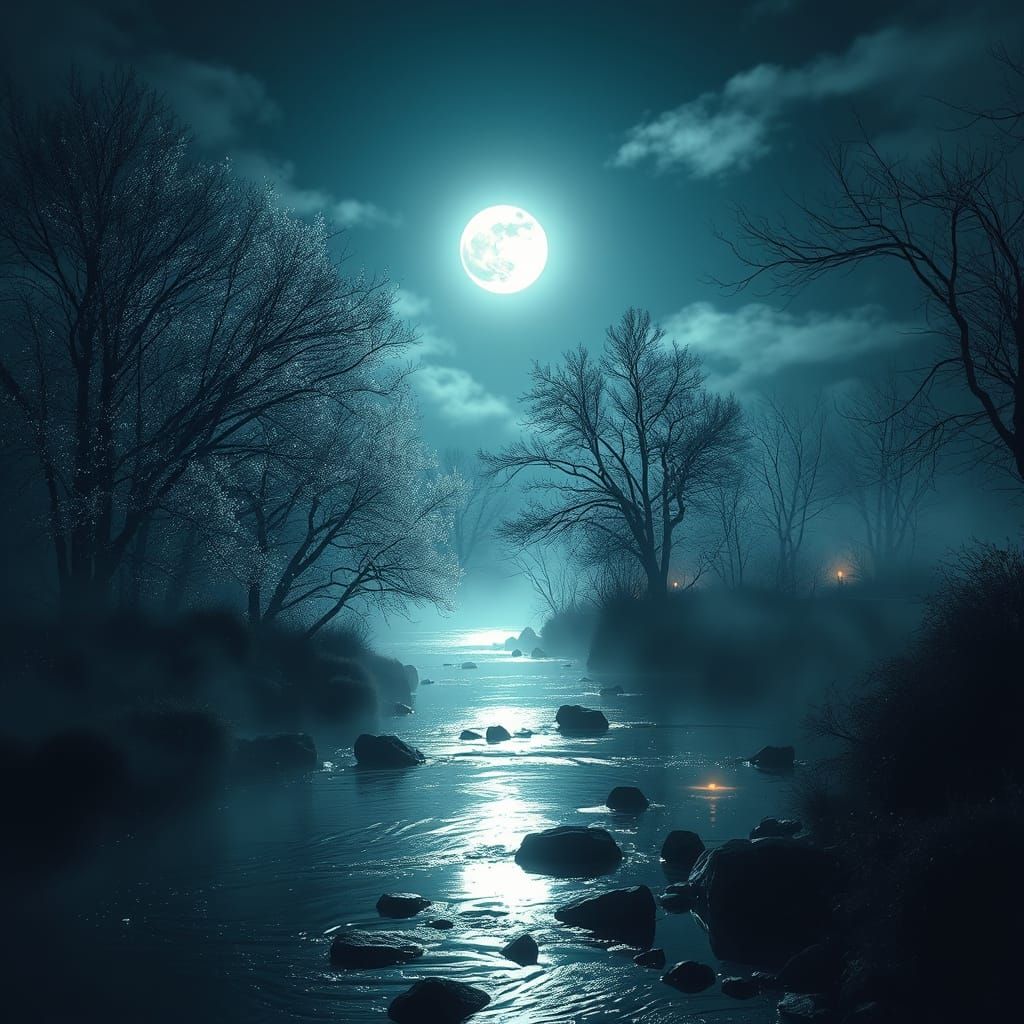 Moonlit Dreamscape: Ethereal Landscape with Silvery Glow