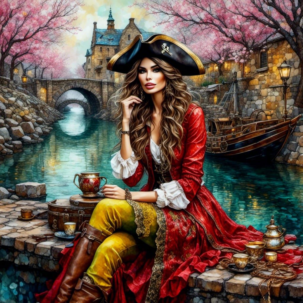 <lora:PirateStyle:1.0> <lora:Watercolor Painting:1.0> Pirate woman sitting, of red yellow green and brown cobblestone...