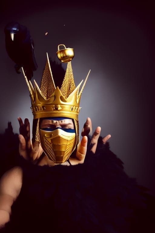 Crowned Raven Bathing in Golden Cup