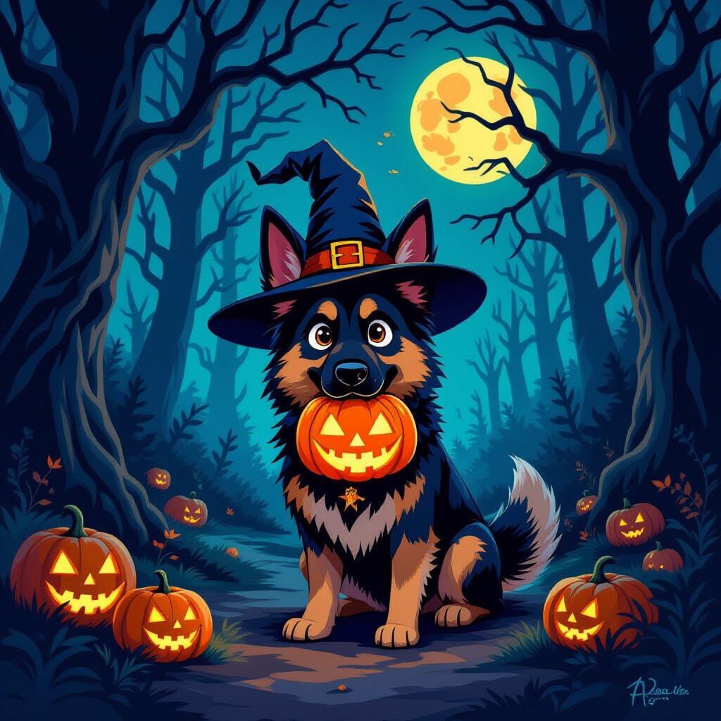 Halloween German Shepherd Trick-or-Treating in Spooky Forest