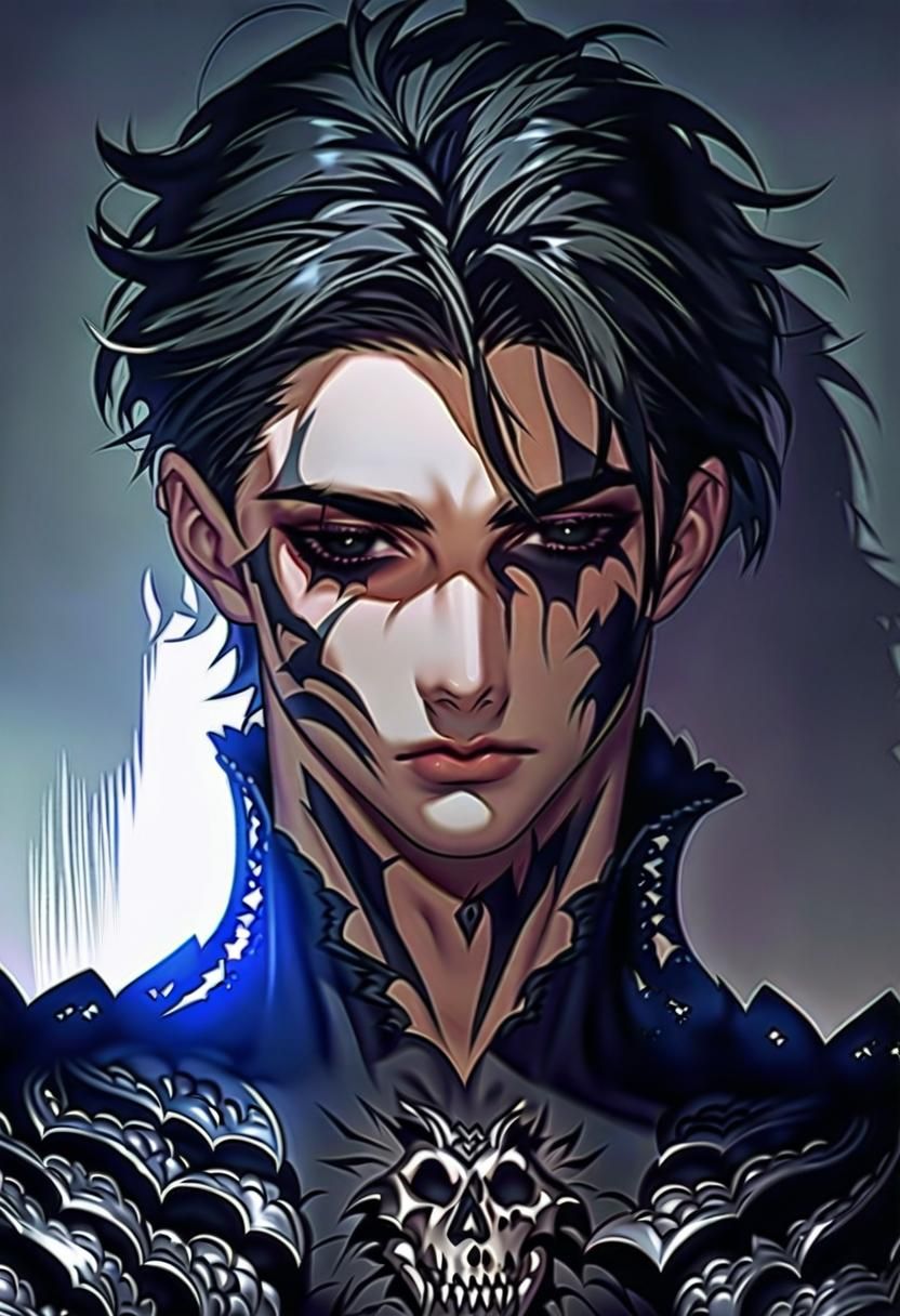 Armored Warrior with Shadow Tattoos and Skull Pauldrons