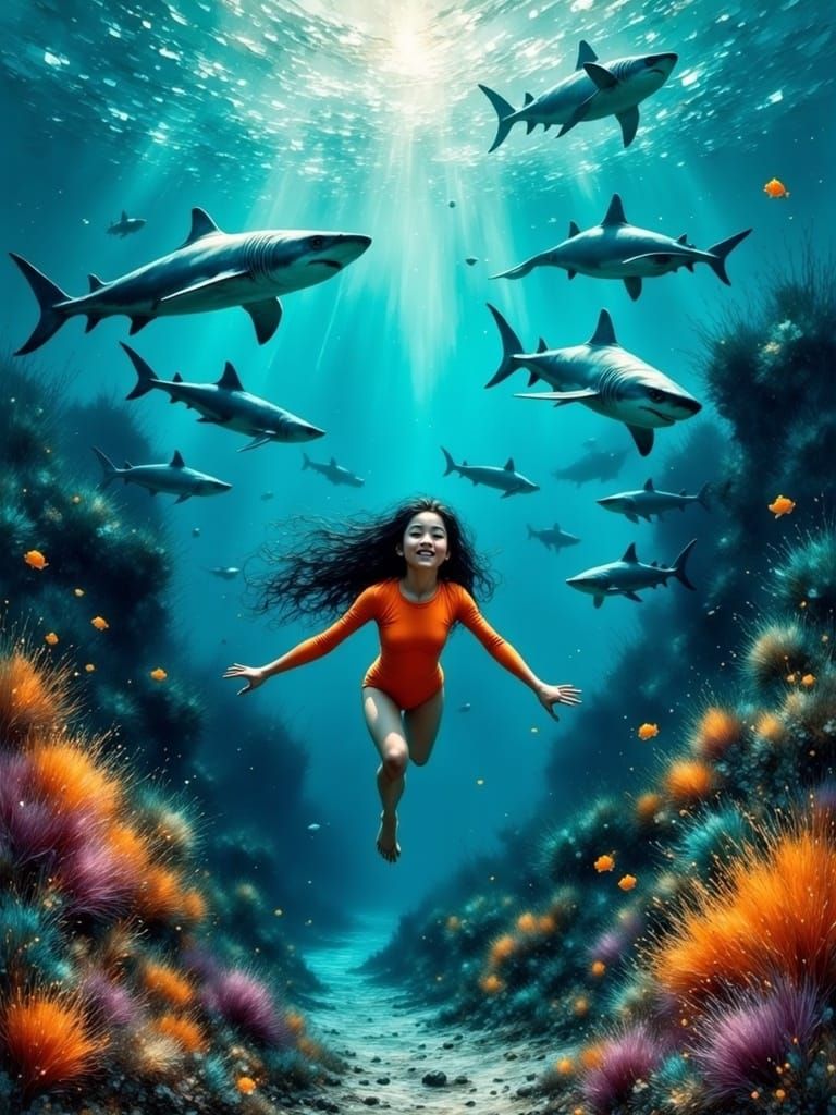 Woman and Sharks in Harmony