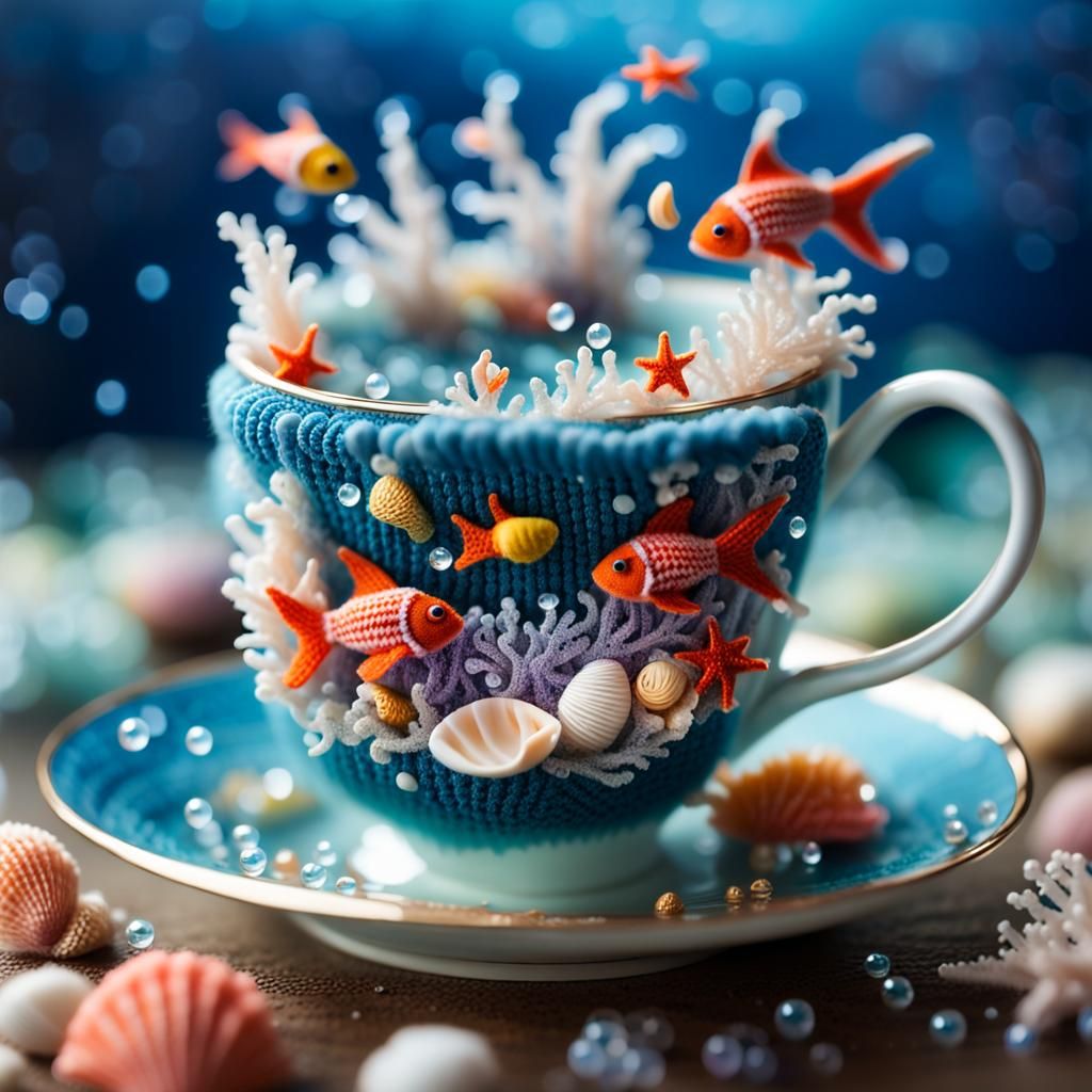 Knitted Art: Fish Swimming in Teacup Coral Reef