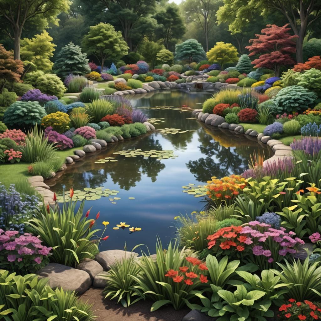 Photorealistic Rainbow Garden Surrounding Pond