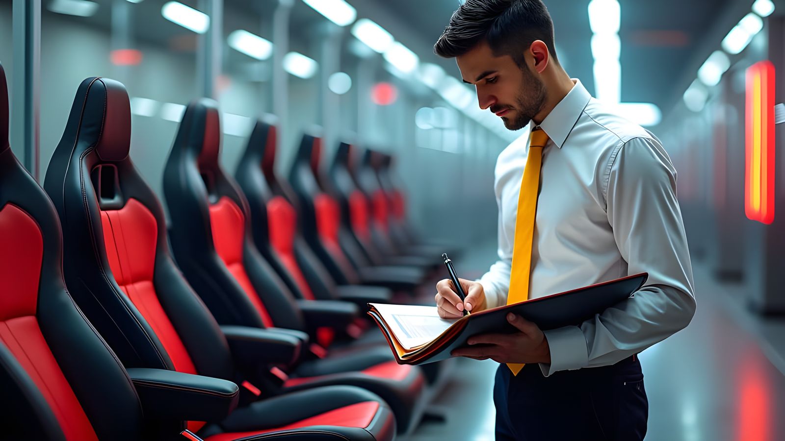 Energetic Executive Examines Luxury Sports Seats in a Futuri...