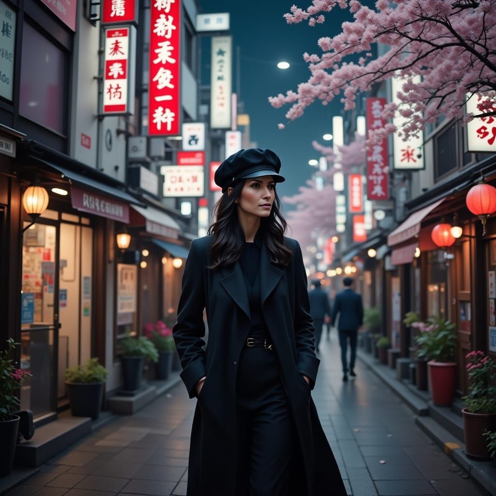 Elegant Woman Strolls Under Tokyo Cherry Blossoms in Cinemat...