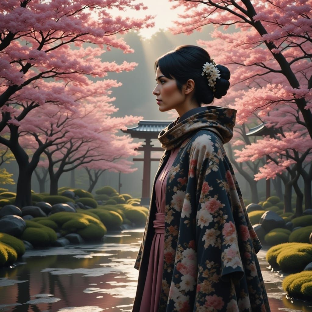 Elegant French Woman in Japanese Garden
