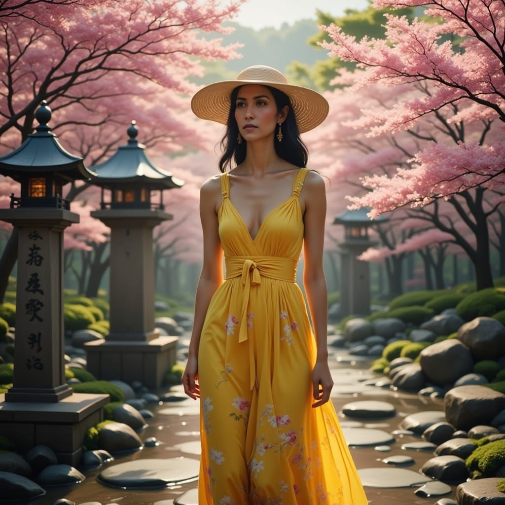 French Woman Strolls Through Serene Japanese Garden