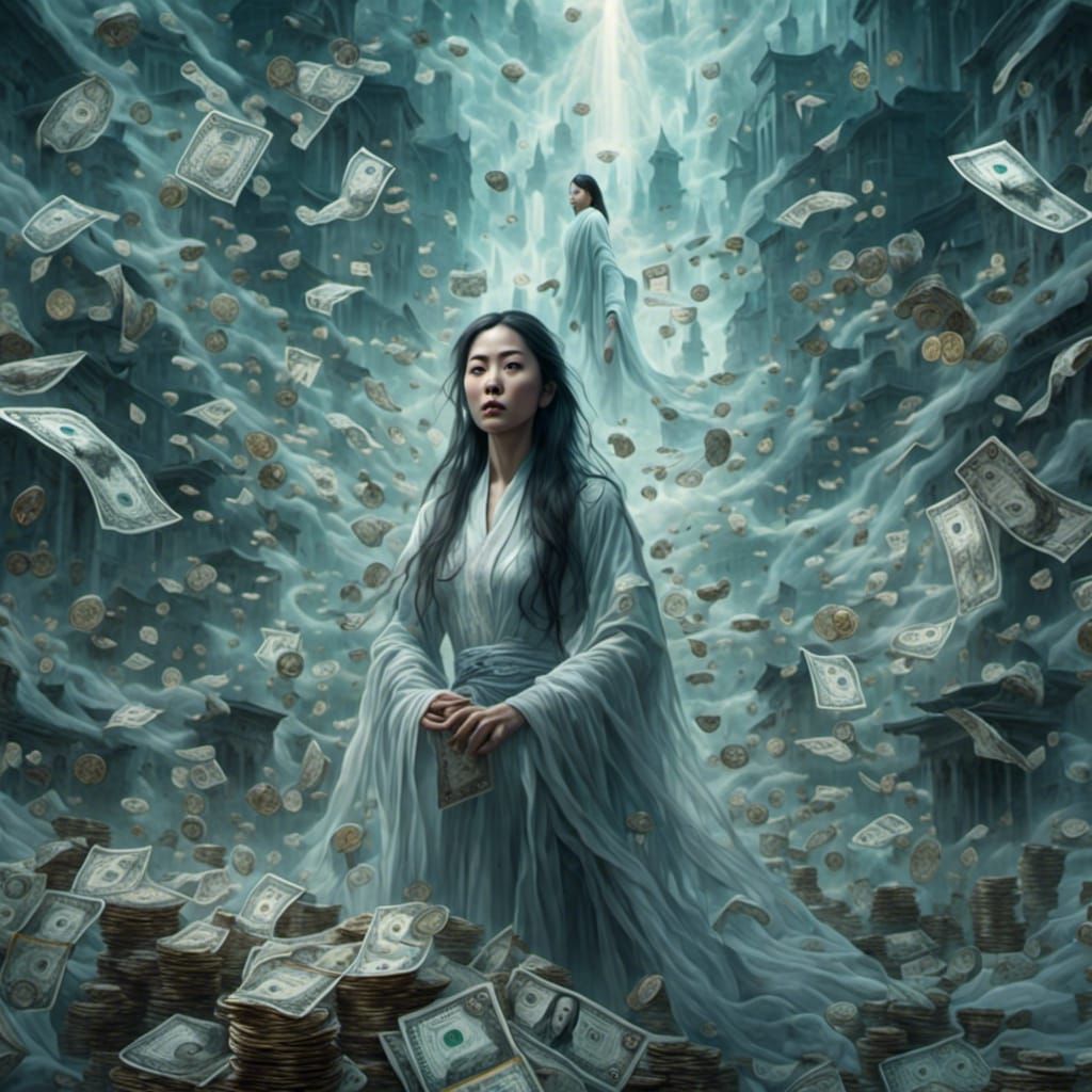 Chinese Woman in a Ghostly Money Tornado
