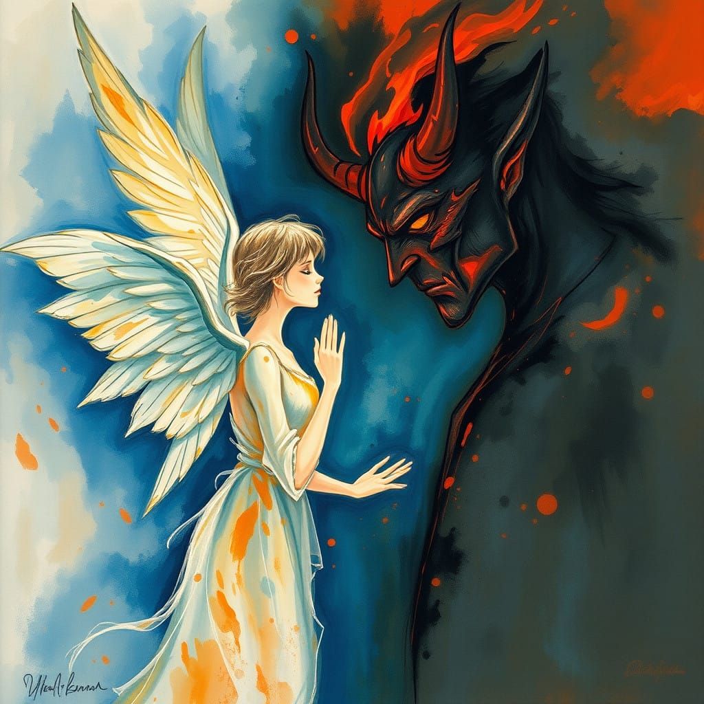 Ethereal Angel Gazing at Smoldering Demon in Watercolor Danc...