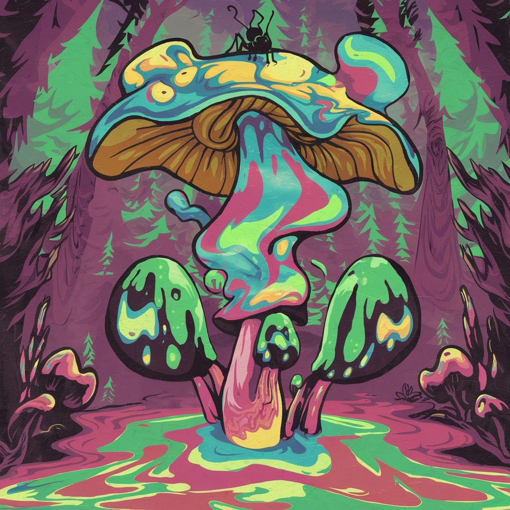 Psychedelic Magic Mushroom with Forest Backdrop