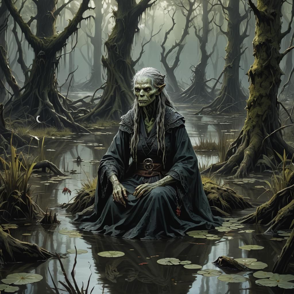 Terrifying Hag Oracle Sitting in a Swamp