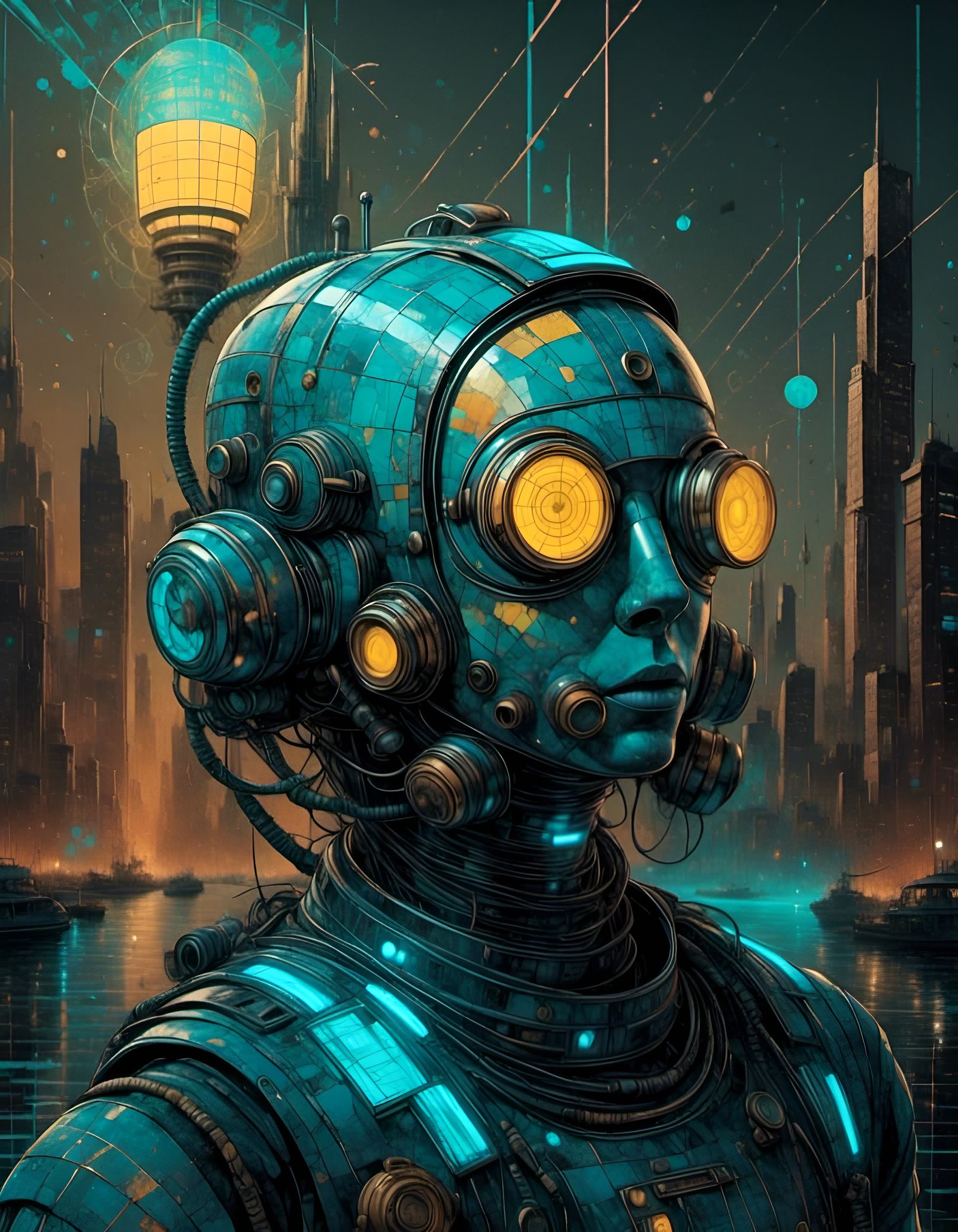 Cartoon Robot Diver in Line Art Style